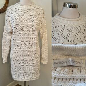 American Knitworks Cream Tunic Sweater Fisherman Long Knit White Pullover M